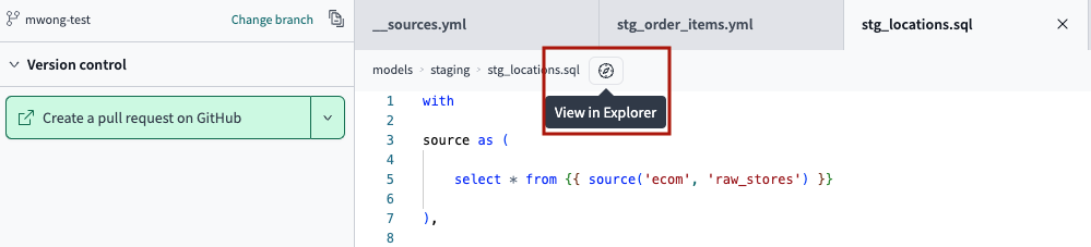Access dbt Catalog from the IDE by clicking on the 'View in Explorer' icon next to the file breadcrumbs.  Access dbt Catalog from the IDE by clicking on the 'View in Explorer' icon next to the file breadcrumbs.