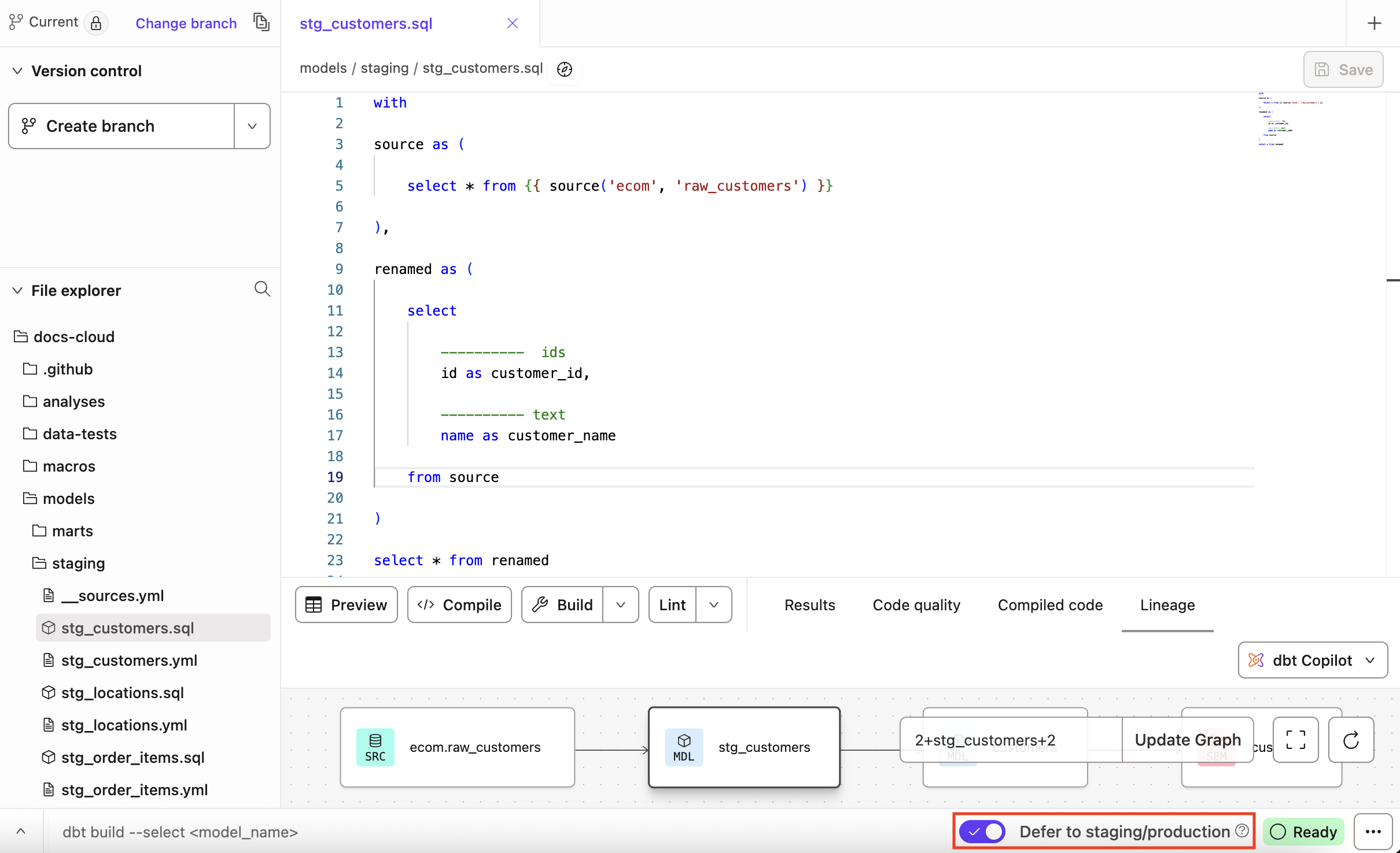 Select the 'Defer to production' toggle on the bottom right of the command bar to enable defer in the Studio IDE.
